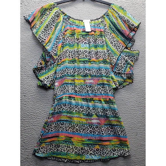 Jessica Simpson Beach Cover Up Womens Small Multi Animal Print Sheer Scoop Neck - Picture 1 of 8
